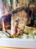 Sir William Russell Flint The Wishing Well framed art print — close-up of the image — the woman at the stone well house