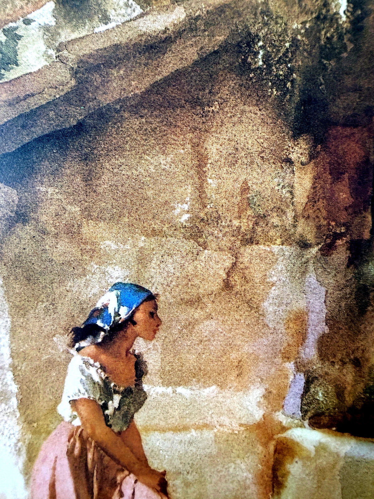 Sir William Russell Flint The Wishing Well framed art print — close-up detail of the woman in her blue headscarf