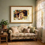 Styled lifestyle photo — the framed Flint Wishing Well print in a vintage parlor with a floral settee and lace-curtain light (display inspiration)