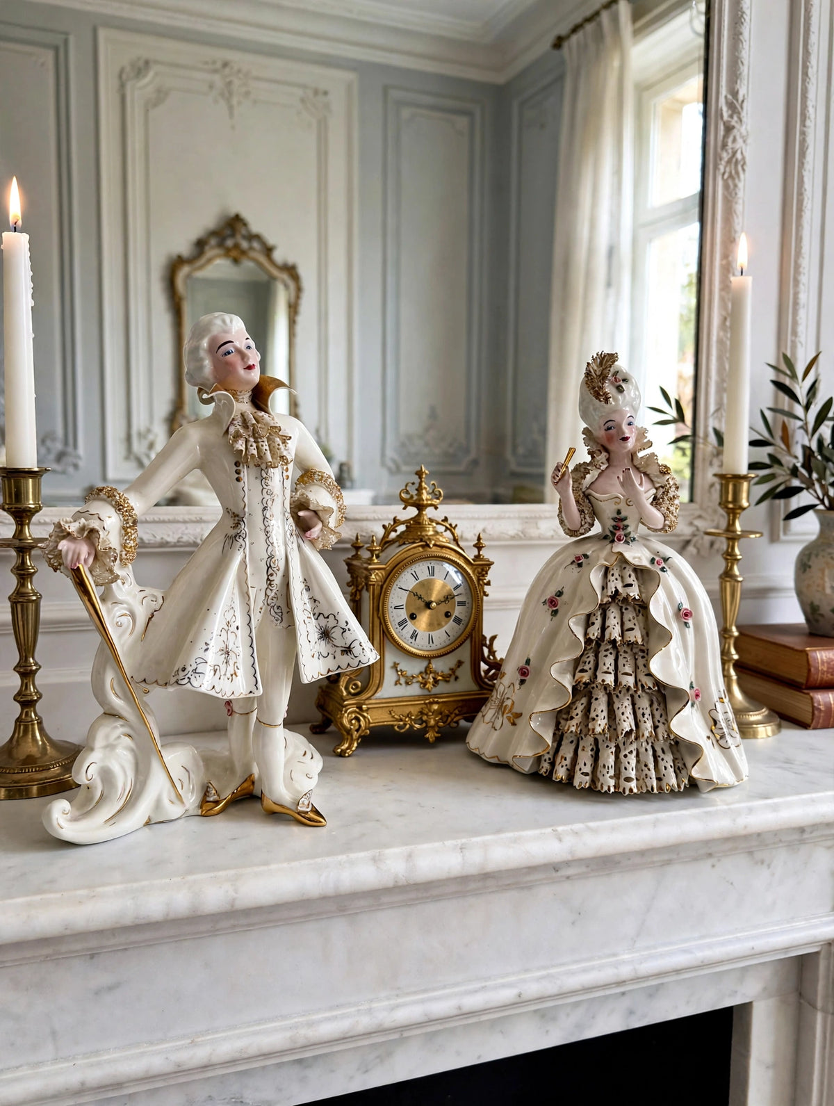 Styled lifestyle photo — the Florence Ceramics Marie Antoinette and Louis XVI figurine pair (about 10 in tall each) on a marble fireplace mantel (display inspiration)