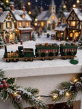 Department 56 Dickens' Village The Flying Scot Train, set of 4 on a snowy mantel before lighted Dickens village buildings (styled display image for inspiration; the train set is the item for sale)