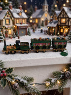 Department 56 Dickens' Village The Flying Scot Train, set of 4 on a snowy mantel before lighted Dickens village buildings (styled display image for inspiration; the train set is the item for sale)