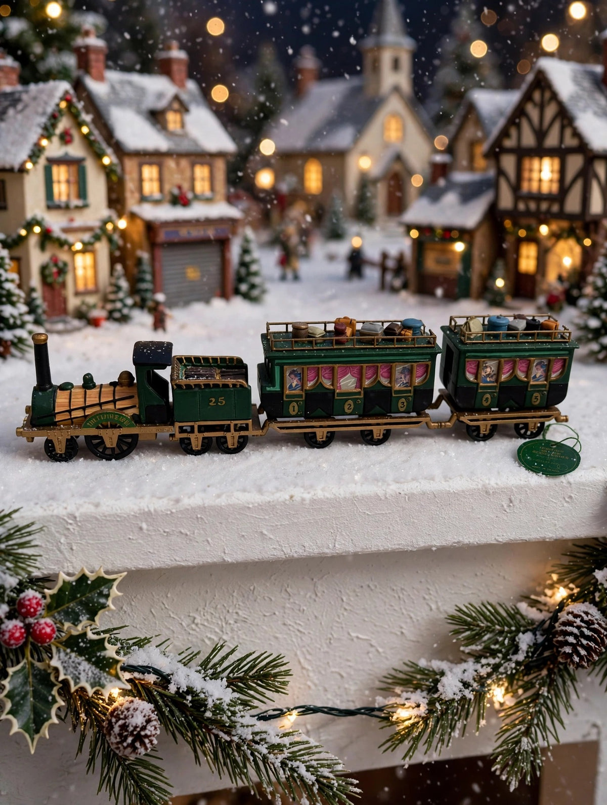 Department 56 Dickens' Village The Flying Scot Train, set of 4 on a snowy mantel before lighted Dickens village buildings (styled display image for inspiration; the train set is the item for sale)