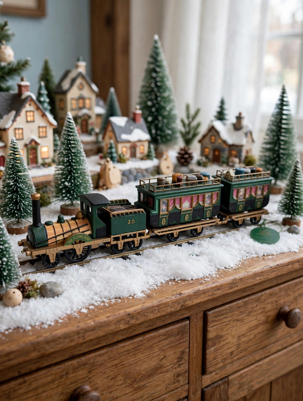 Department 56 Dickens' Village The Flying Scot Train, set of 4 in a sideboard village layout with miniature houses and bottle-brush trees (styled display image for inspiration; the train set is the item for sale)