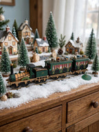 Department 56 Dickens' Village The Flying Scot Train, set of 4 in a sideboard village layout with miniature houses and bottle-brush trees (styled display image for inspiration; the train set is the item for sale)