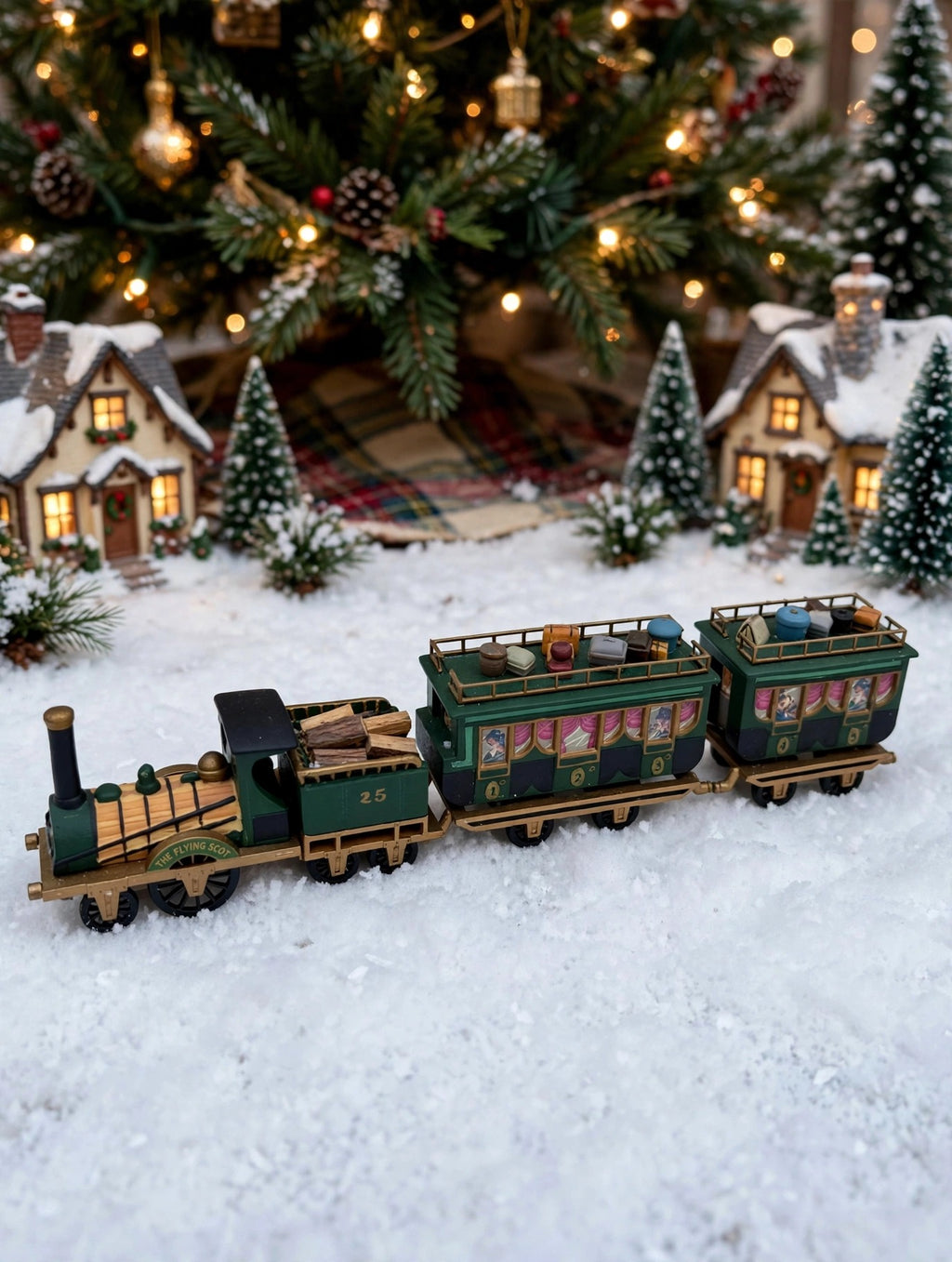 Department 56 Dickens' Village The Flying Scot Train, set of 4 in a Christmas tree base village scene (styled display image for inspiration; the train set is the item for sale)