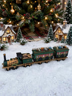 Department 56 Dickens' Village The Flying Scot Train, set of 4 in a Christmas tree base village scene (styled display image for inspiration; the train set is the item for sale)