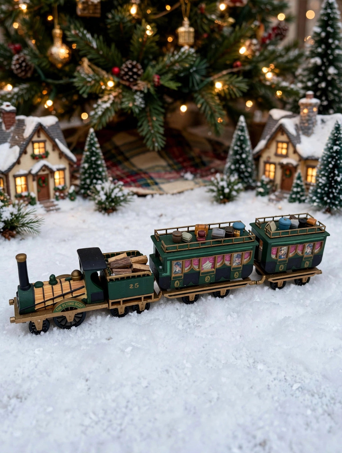 Department 56 Dickens' Village The Flying Scot Train, set of 4 in a Christmas tree base village scene (styled display image for inspiration; the train set is the item for sale)