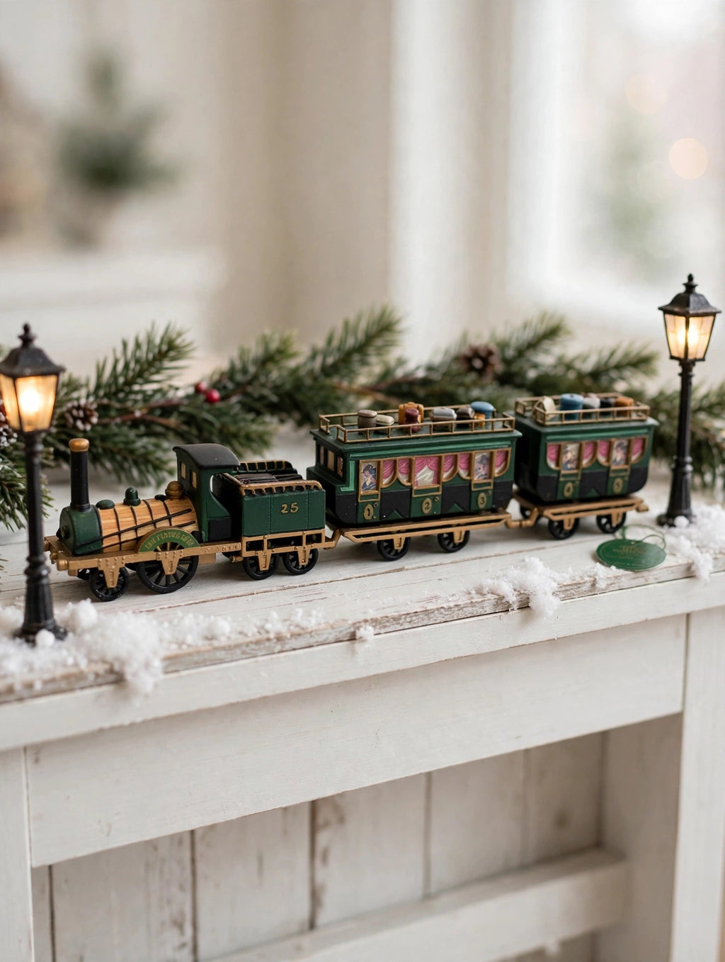 Department 56 Dickens' Village The Flying Scot Train, set of 4 on a shelf between miniature Victorian street lamps (styled display image for inspiration; the train set is the item for sale)