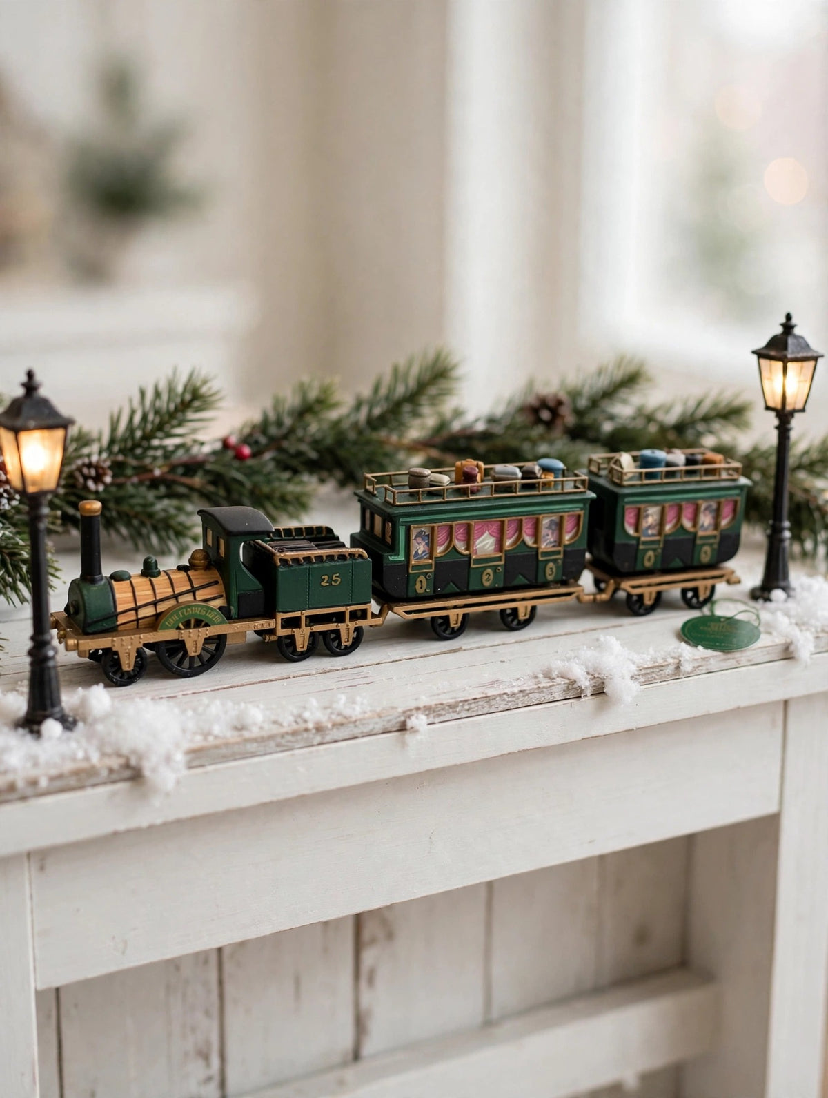 Department 56 Dickens' Village The Flying Scot Train, set of 4 on a shelf between miniature Victorian street lamps (styled display image for inspiration; the train set is the item for sale)