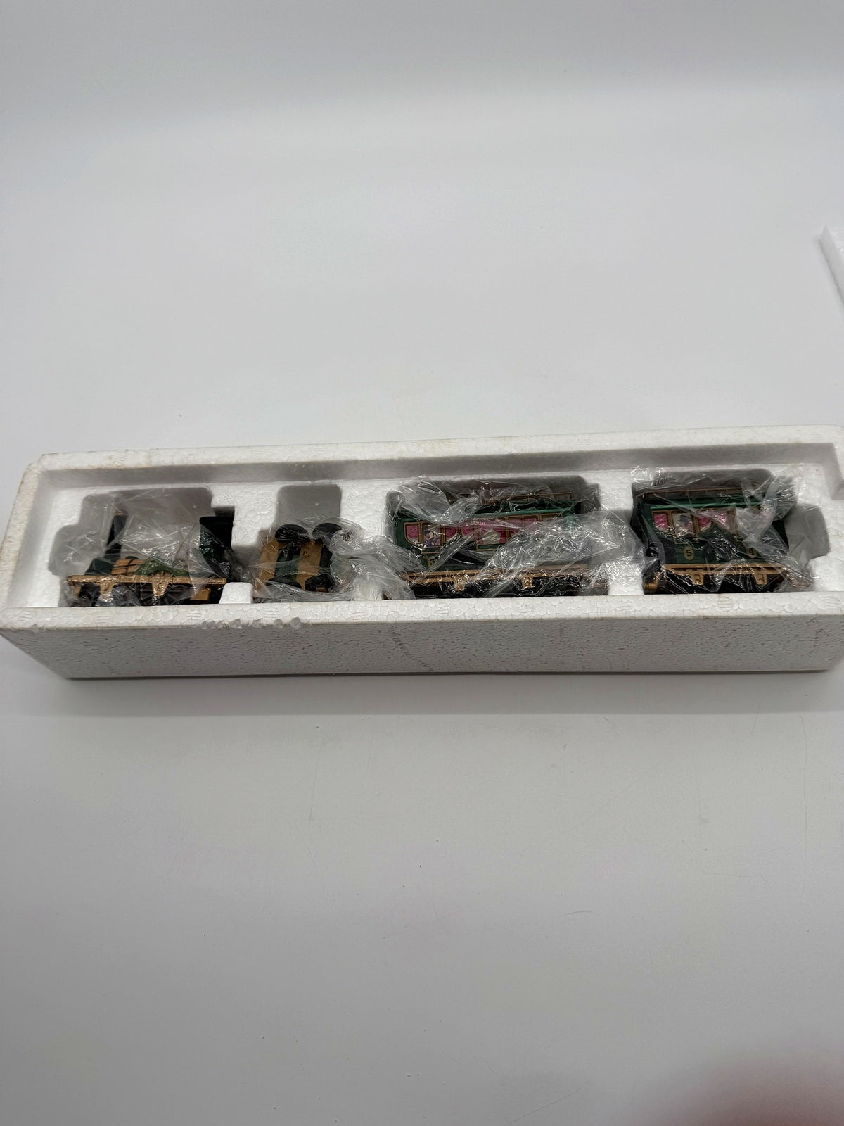 Department 56 Dickens' Village The Flying Scot Train, set of 4 - all four pieces in their original fitted styrofoam tray, still in protective plastic