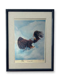 Gerald Fraize Screaming Eagle signed and numbered print, 199 of 500 — front view on an easel — a bald eagle swooping through clouds