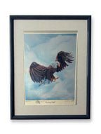 Gerald Fraize Screaming Eagle signed and numbered print, 199 of 500 — front view on an easel — a bald eagle swooping through clouds