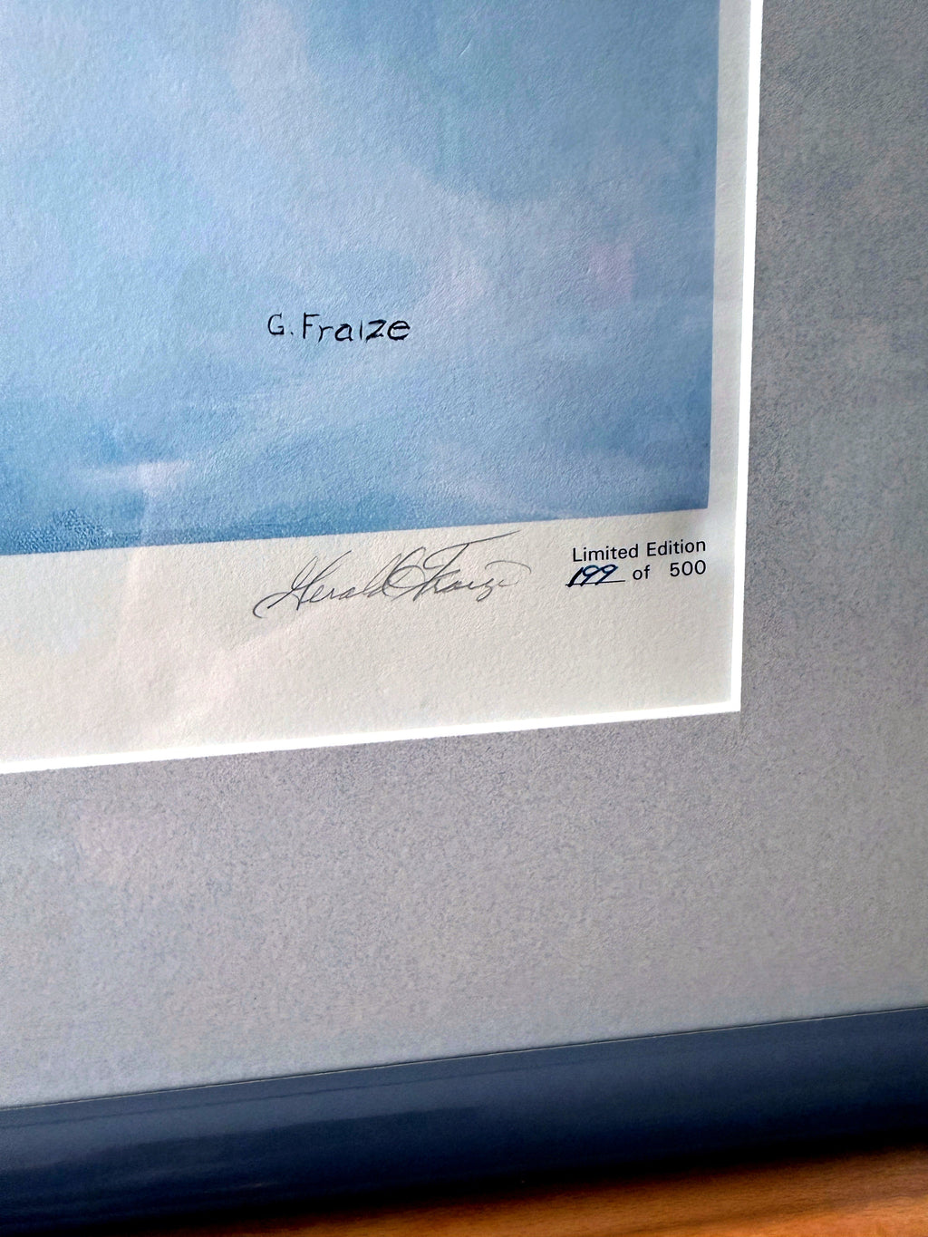 Gerald Fraize Screaming Eagle signed and numbered print, 199 of 500 — close-up of the right margin — the printed G. Fraize name, pencil signature and '199 of 500' numbering