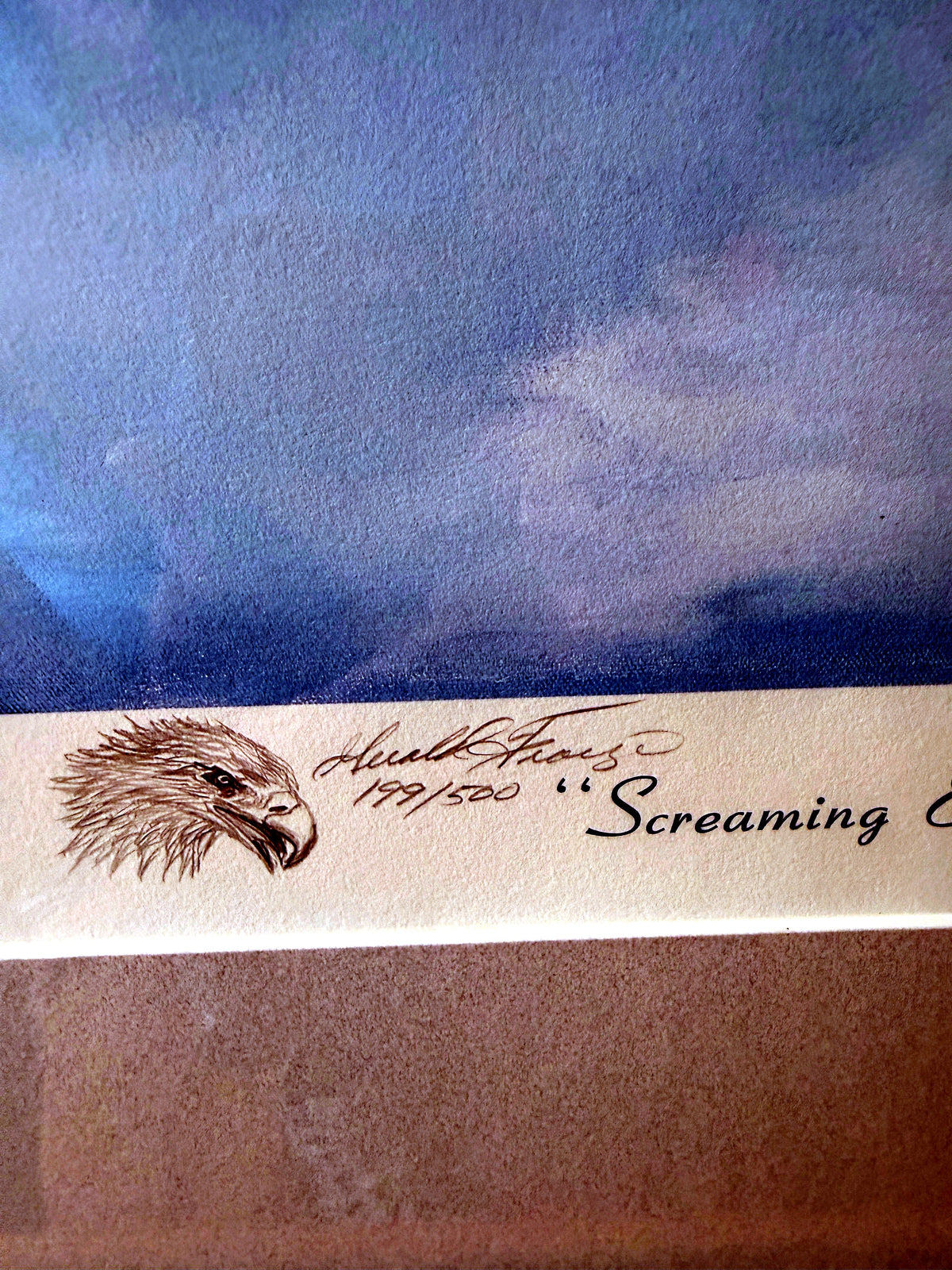 Gerald Fraize Screaming Eagle signed and numbered print, 199 of 500 — close-up of the remarque eagle head, signature and 'Screaming Eagle' title in the margin
