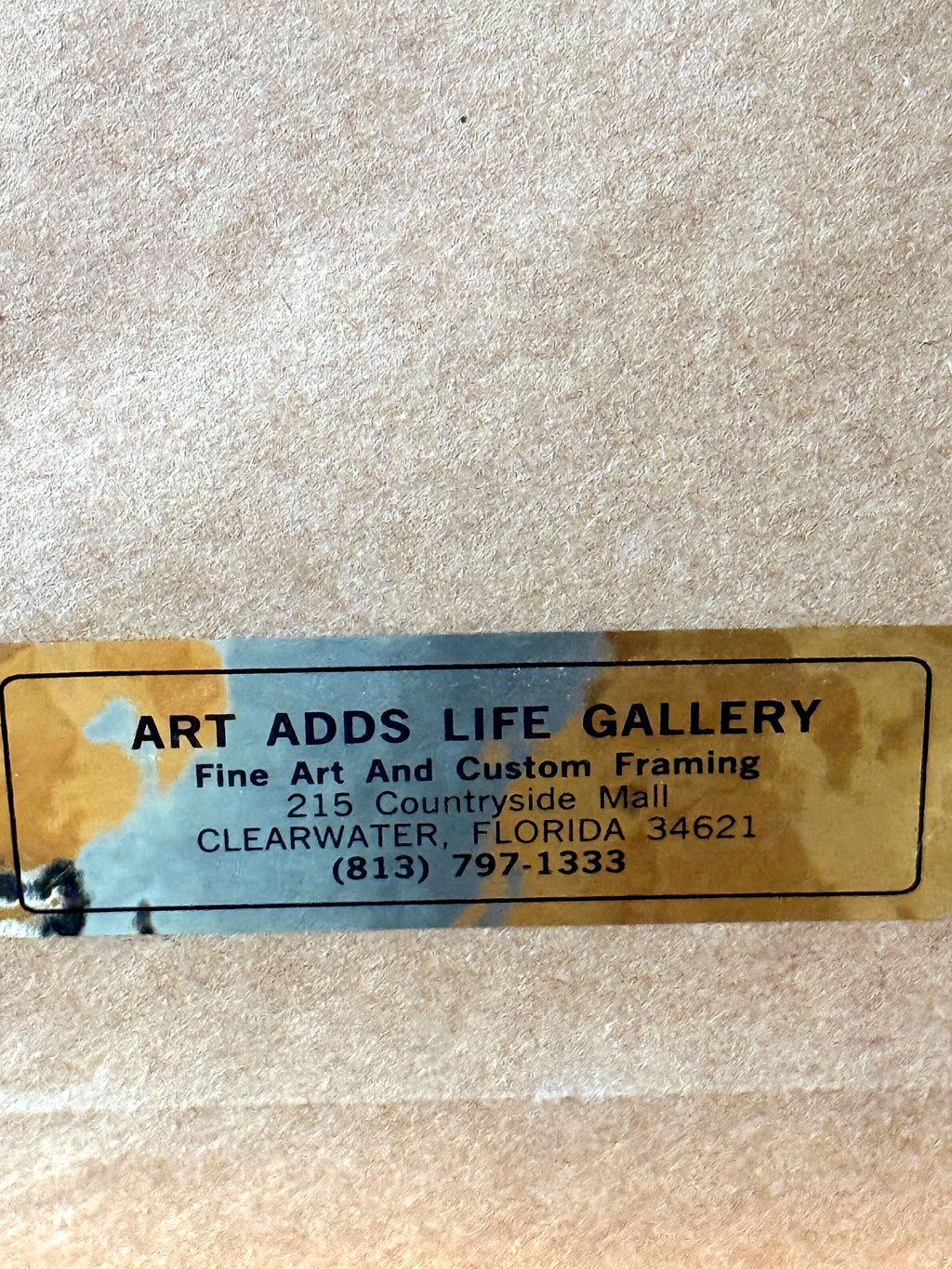 Gerald Fraize Screaming Eagle signed and numbered print, 199 of 500 — the back label of the Art Adds Life Gallery, Clearwater, Florida