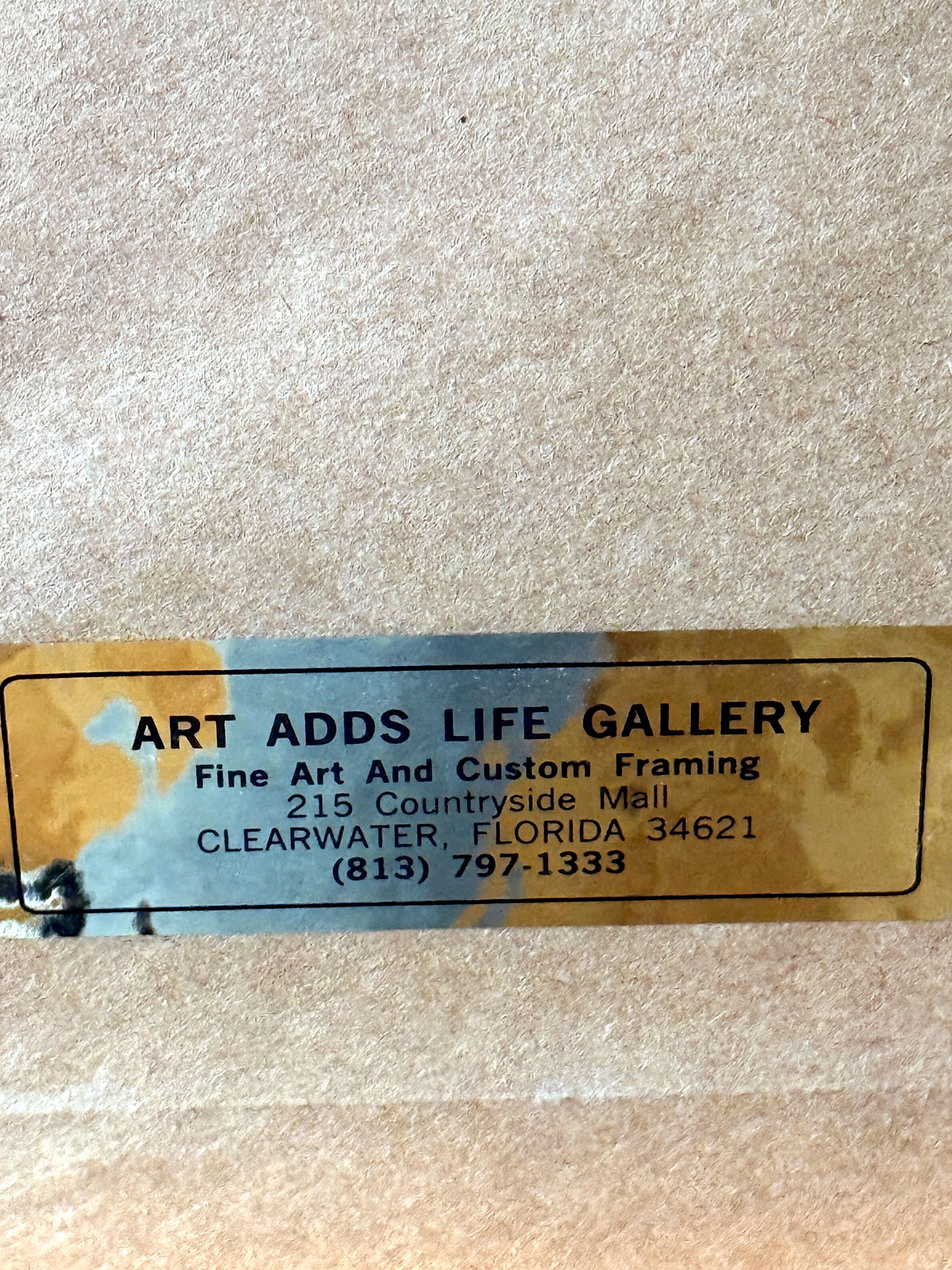 Gerald Fraize Screaming Eagle signed and numbered print, 199 of 500 — the back label of the Art Adds Life Gallery, Clearwater, Florida