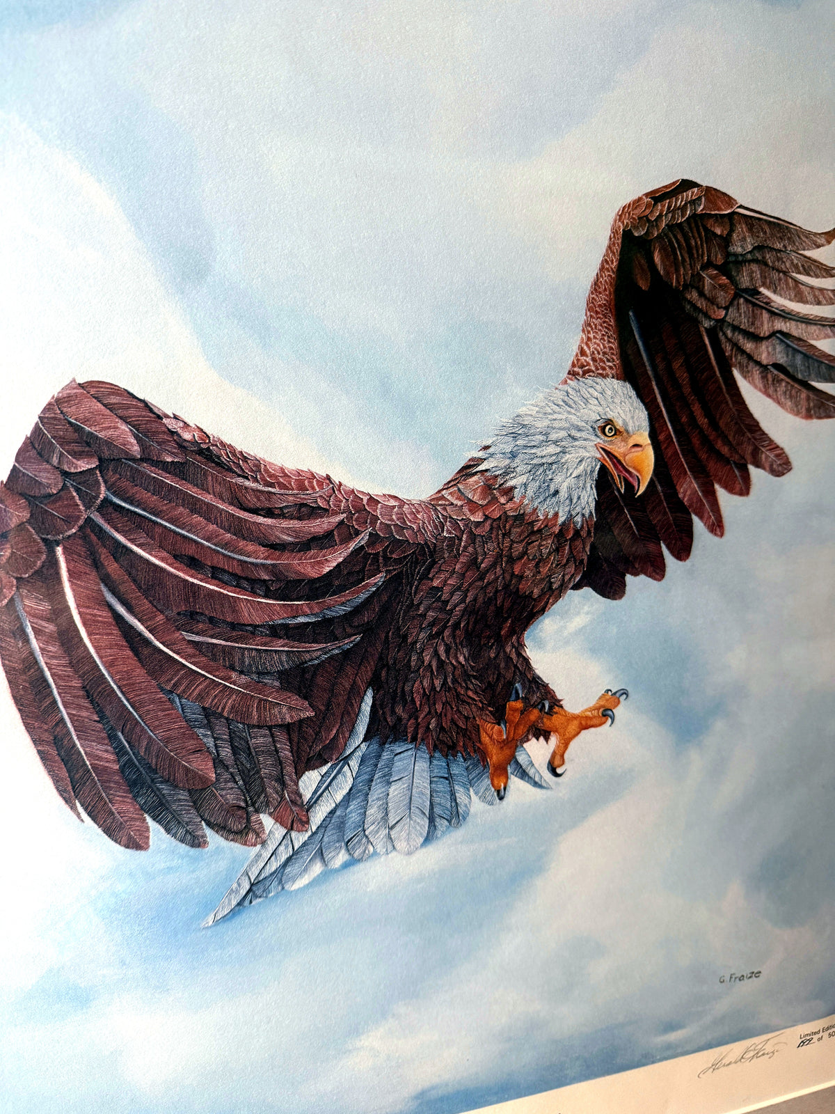 Gerald Fraize Screaming Eagle signed and numbered print, 199 of 500 — extreme close-up of the eagle's head and wings
