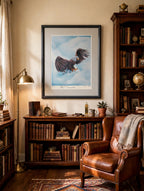 Styled lifestyle photo — the framed Screaming Eagle print in a vintage study with bookcases and a leather reading chair (display inspiration)