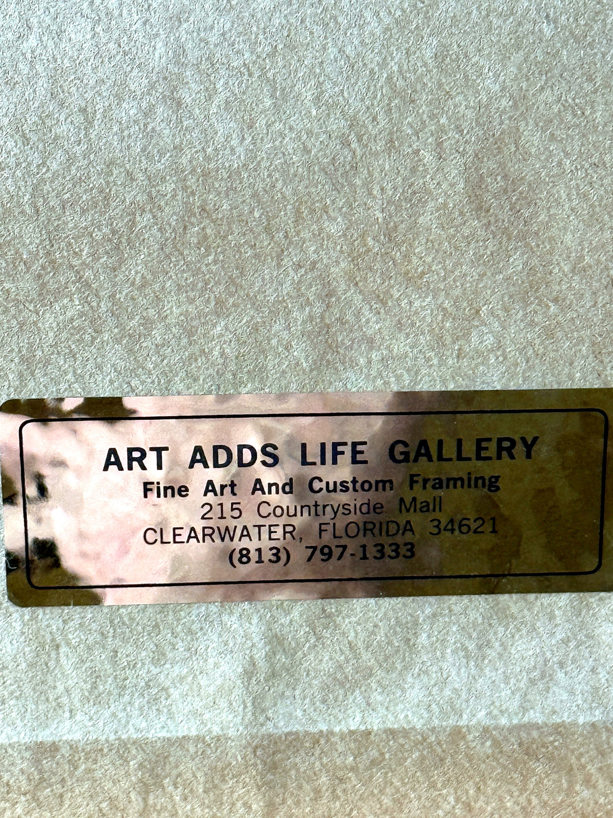 Gerald Fraize Snow In The Smokies signed and numbered print, 698 of 750 — the back label of the Art Adds Life Gallery, Clearwater, Florida