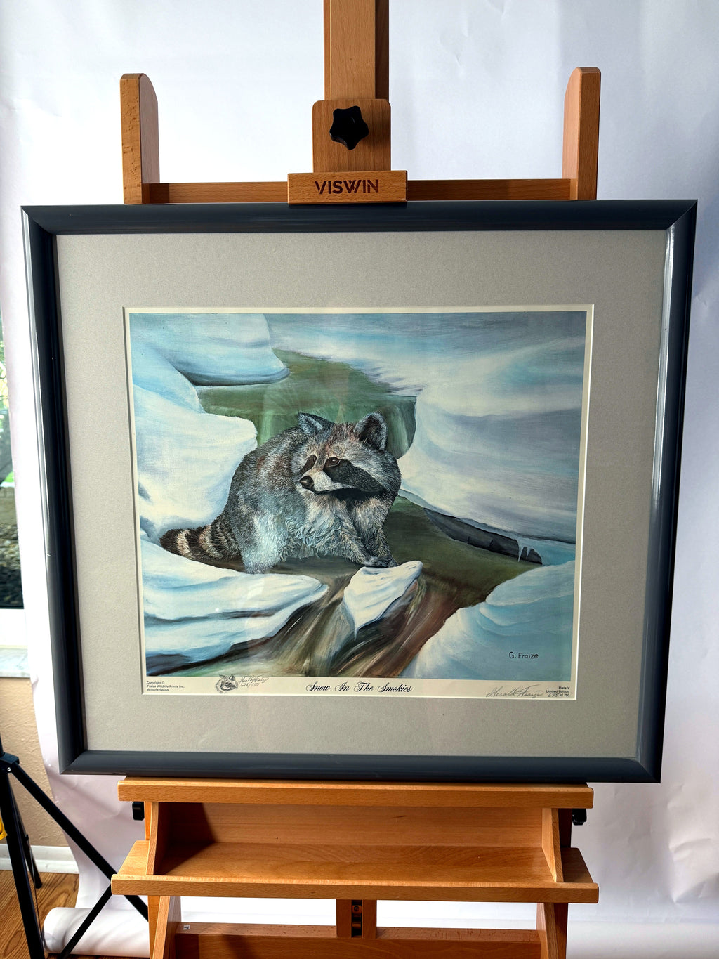 Gerald Fraize Snow In The Smokies signed and numbered print, 698 of 750 — front view on an easel