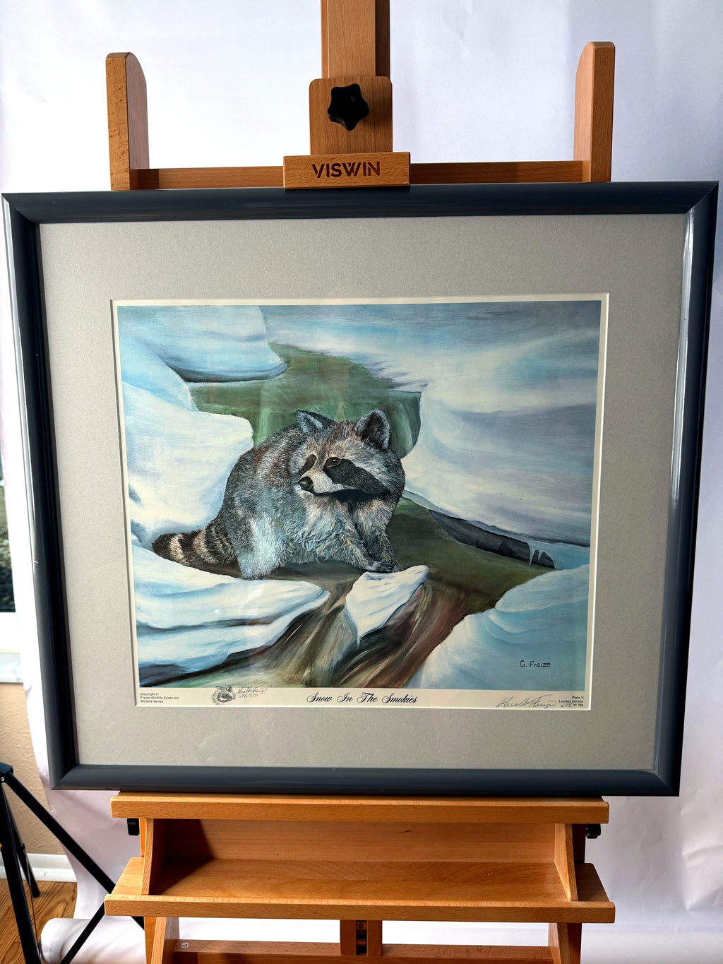 Gerald Fraize Snow In The Smokies signed and numbered print, 698 of 750 — front view on an easel