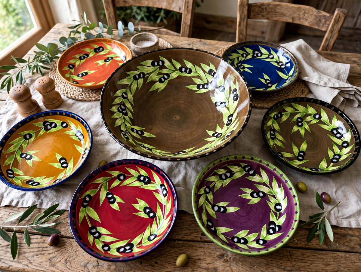 Styled lifestyle photo — the Gates Ware 7-piece bowl set on a rustic dining table, the large 15 in bowl in the center (display inspiration)