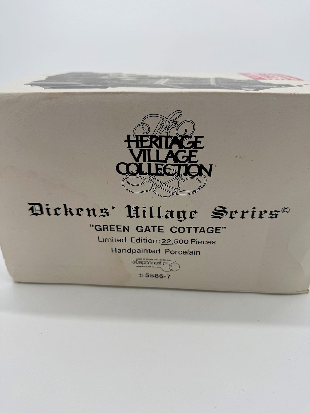 Department 56 Green Gate Cottage – original box end: Heritage Village Collection, item 5586-7, made in Taiwan for Department 56