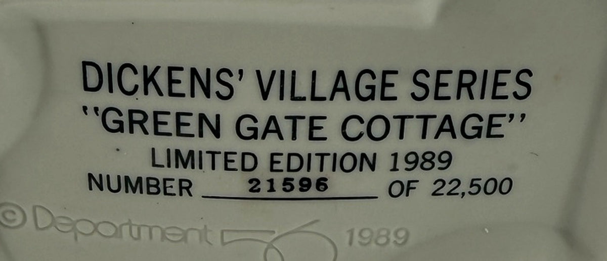 Department 56 Green Gate Cottage – close-up of the underside stamp: Limited Edition 1989, number 21596 of 22,500