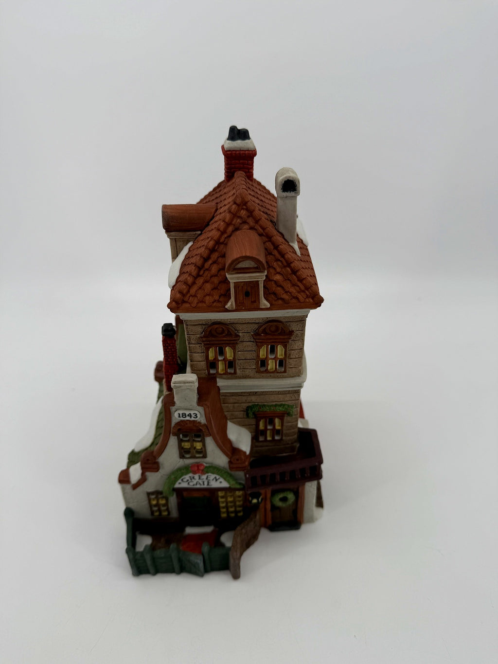 Department 56 Green Gate Cottage – high three-quarter front view showing the tiled roof, dormer and chimneys