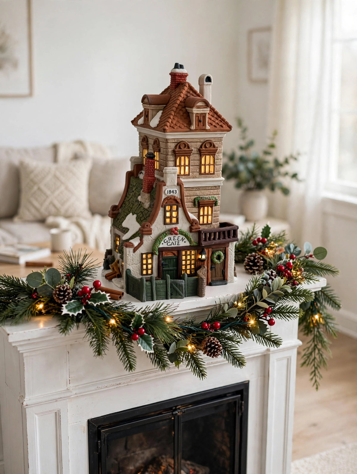 Department 56 Green Gate Cottage styled on a Christmas mantel with garland and lights – display inspiration