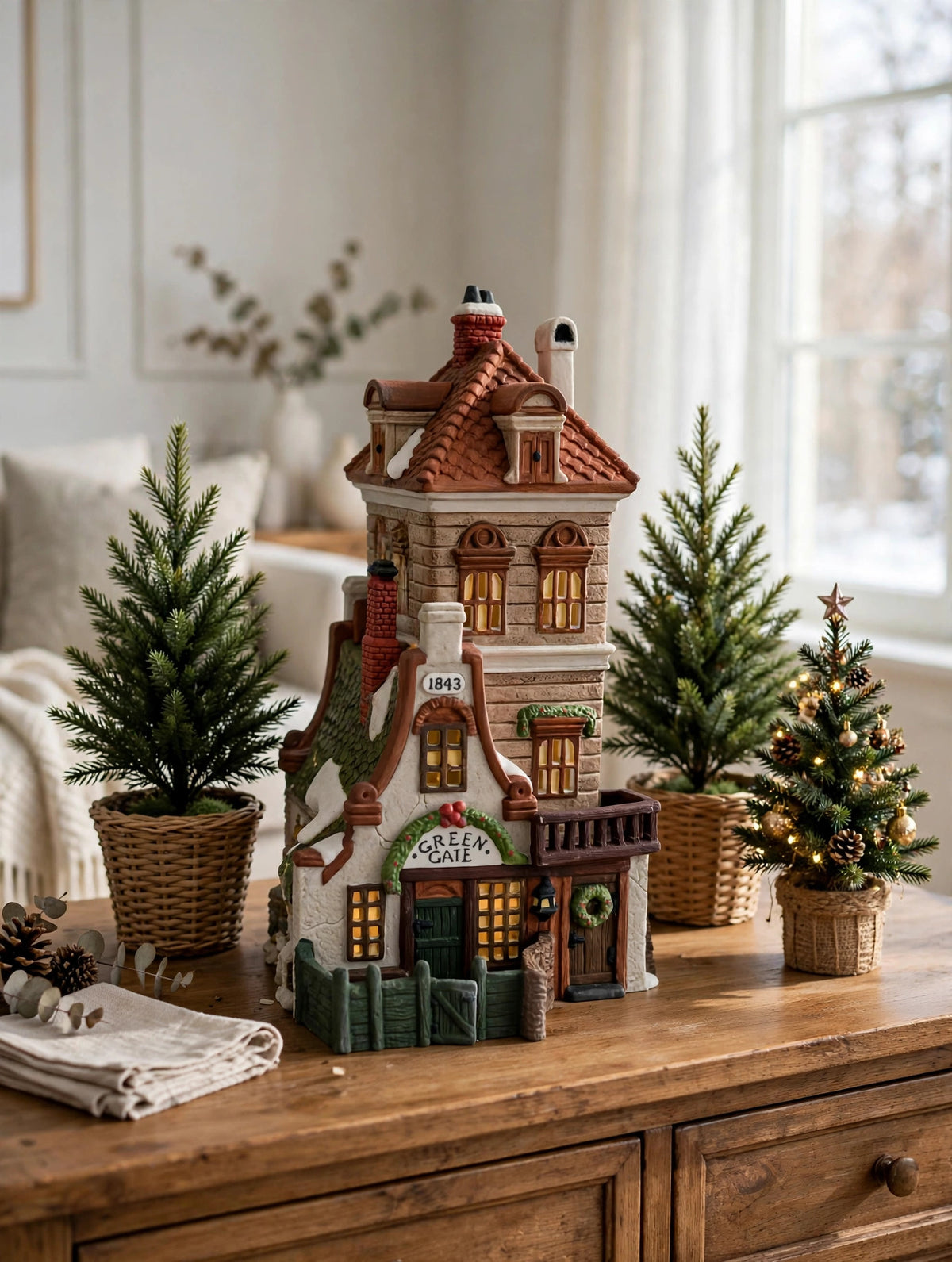 Department 56 Green Gate Cottage styled on a wooden sideboard with miniature Christmas trees – display inspiration
