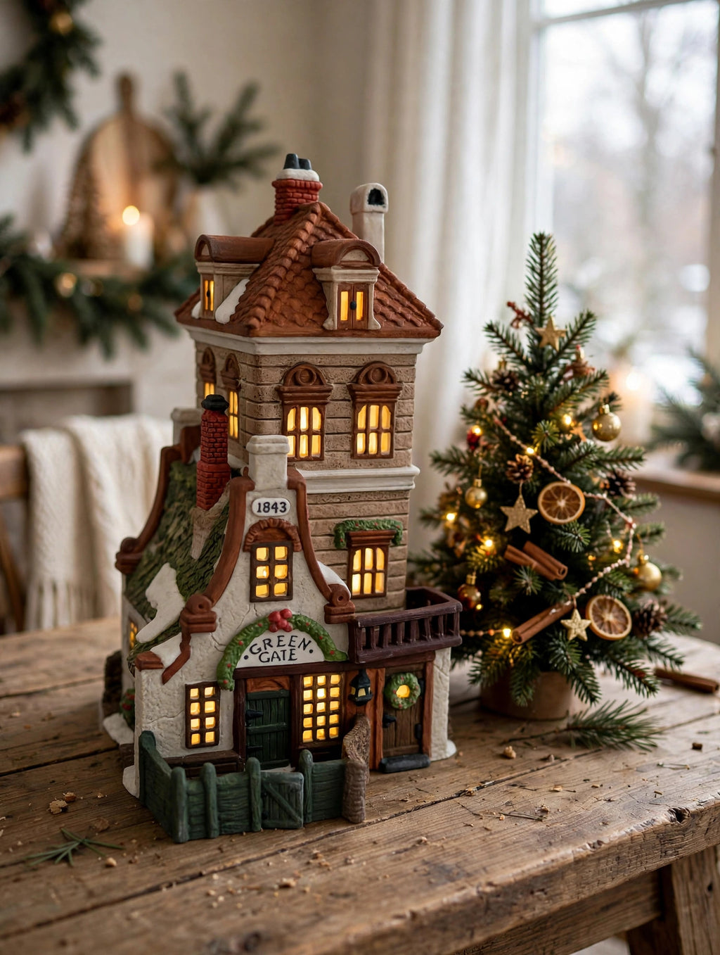 Department 56 Green Gate Cottage lit beside a small Christmas tree on a rustic table – display inspiration