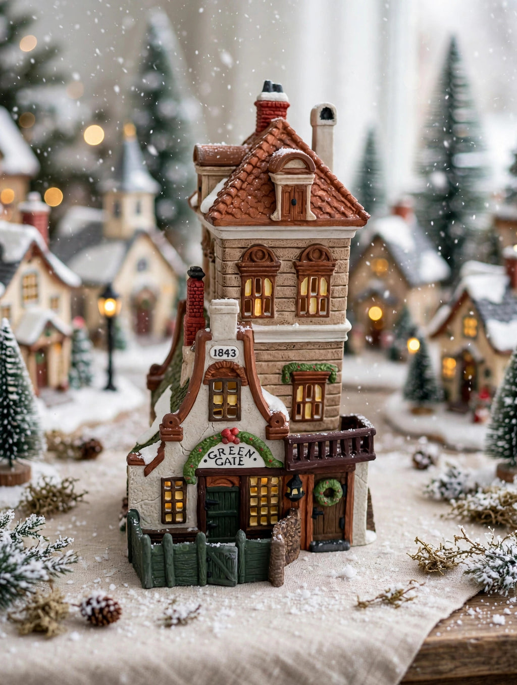 Department 56 Green Gate Cottage in a snowy Christmas village display with other village buildings – display inspiration