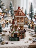 Department 56 Green Gate Cottage in a snowy Christmas village display with other village buildings – display inspiration