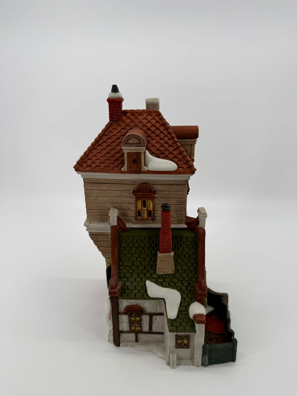 Department 56 Green Gate Cottage – side view showing the green shingled roof and snow detail