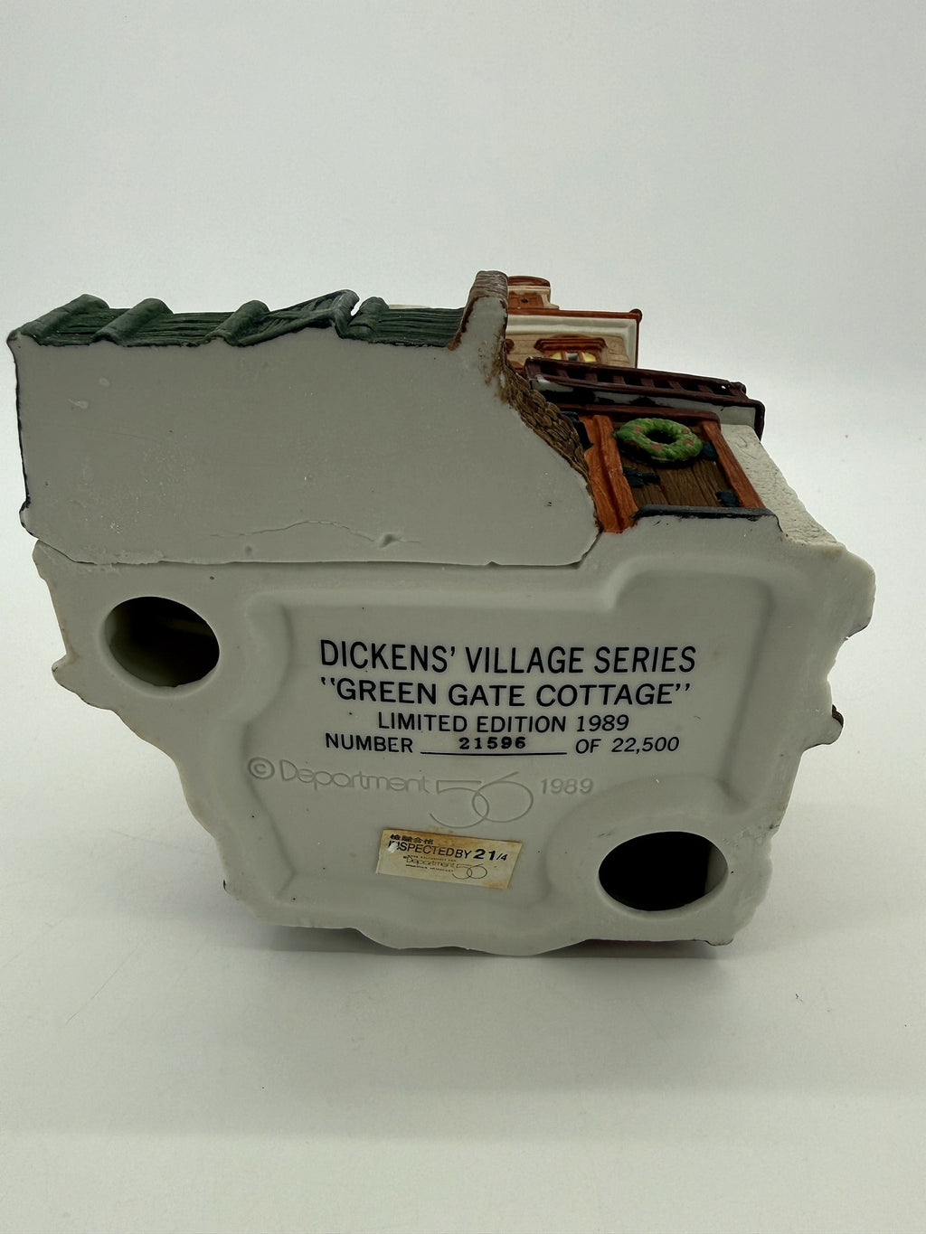 Department 56 Green Gate Cottage – underside showing the printed limited edition number 21596 of 22,500 and light openings