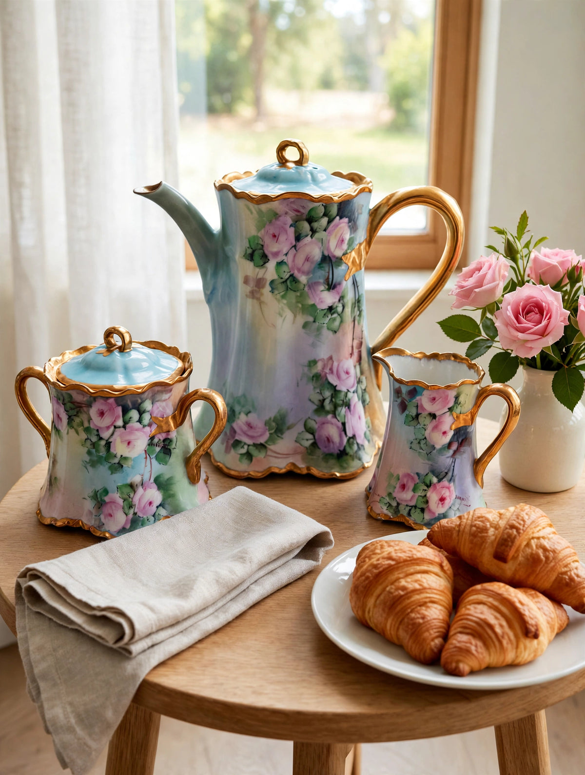 Styled lifestyle photo — the Haviland hand-painted chocolate service on a tea table with croissants and roses (display inspiration)