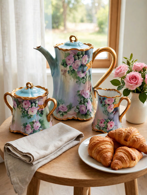 Styled lifestyle photo — the Haviland hand-painted chocolate service on a tea table with croissants and roses (display inspiration)