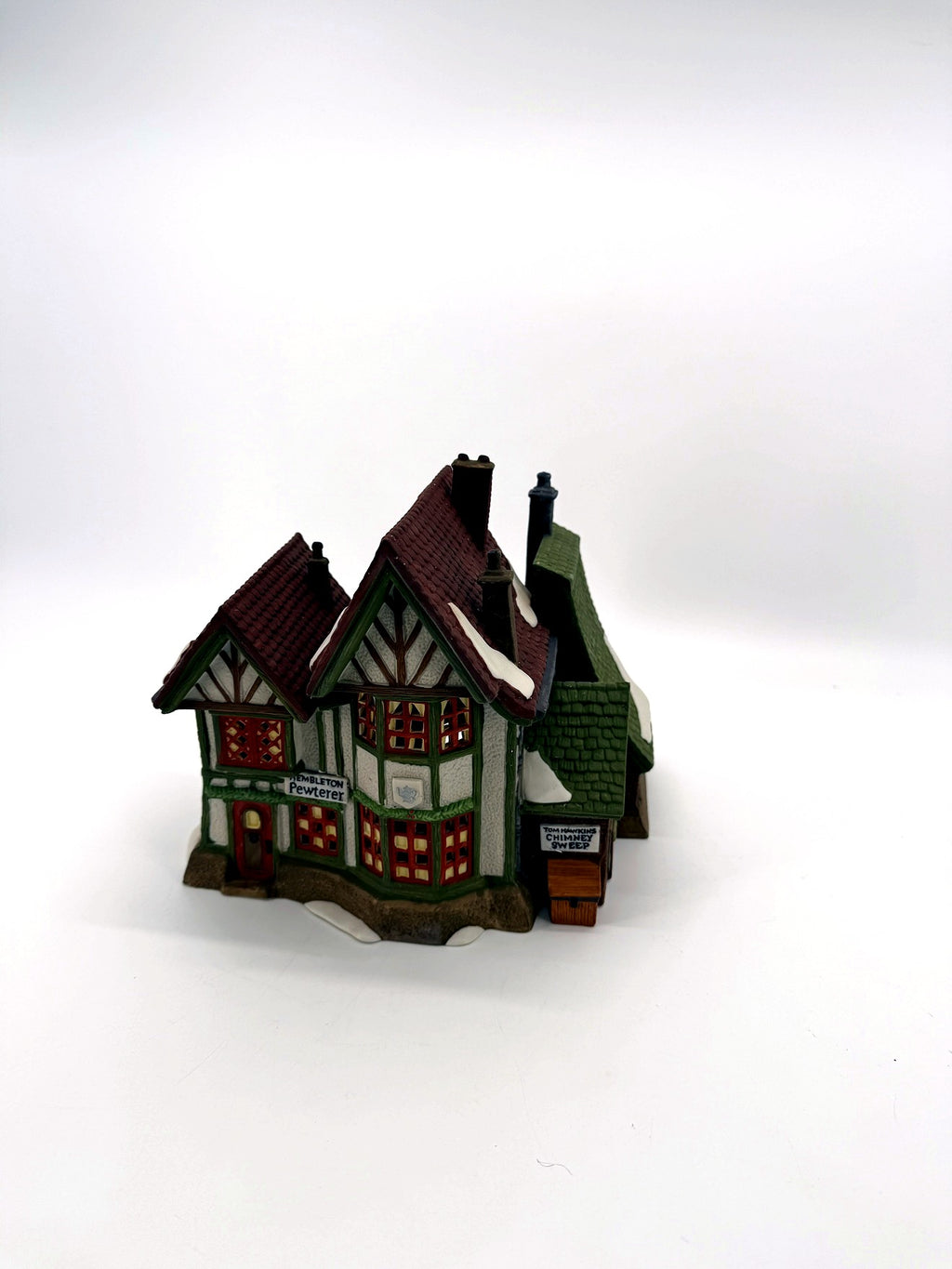Department 56 Dickens' Village Hembleton Pewterer 1992 #5800-9 – three-quarter front view showing the roofline and chimney-sweep annex