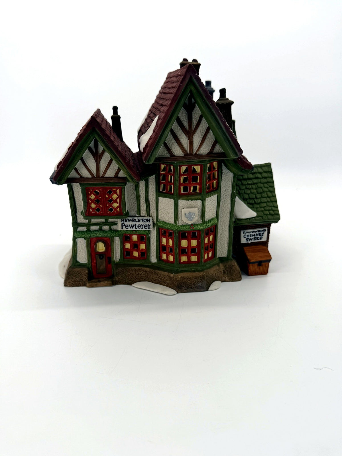 Department 56 Dickens' Village Hembleton Pewterer 1992 #5800-9 – front view with Hembleton Pewterer sign, Tudor timber framing and Tom Hawkins Chimney Sweep side shop