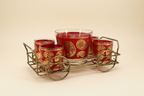 Culver Ltd. red and gold paisley vintage barware set with ice bucket, four lowball glasses, and wheeled caddy