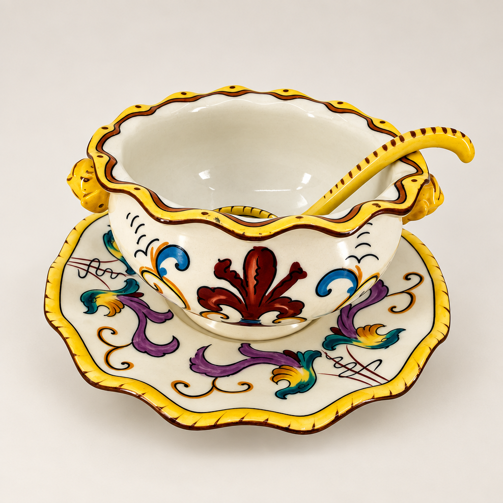 Antique Noritake hand-painted mayonnaise set with plum and teal Art Deco scrollwork on a clean editorial background