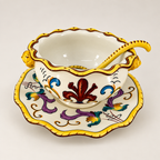 Antique Noritake hand-painted mayonnaise set with plum and teal Art Deco scrollwork on a clean editorial background