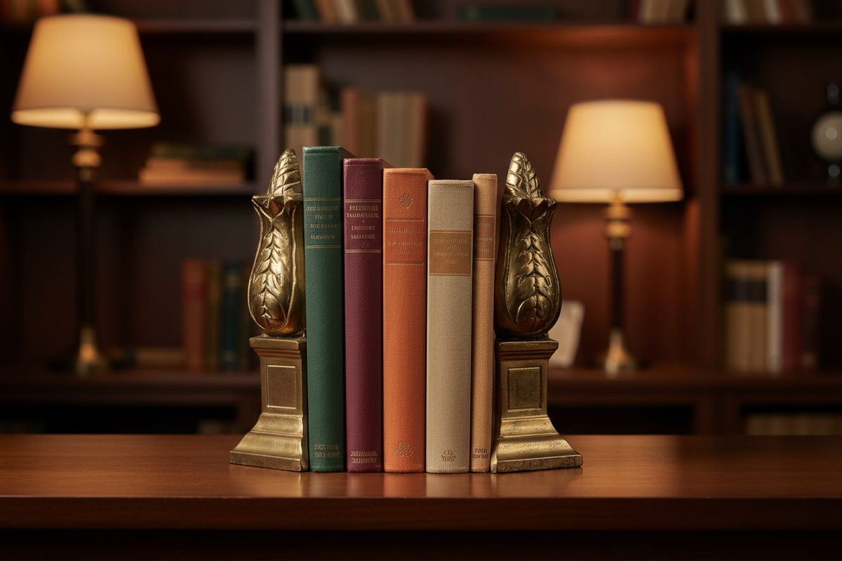 Pair of vintage brass artichoke bookends holding hardcover books in a warm home library