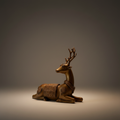 Vintage brass reclining stag deer figurine with ornate saddle detail on a warm dark studio background
