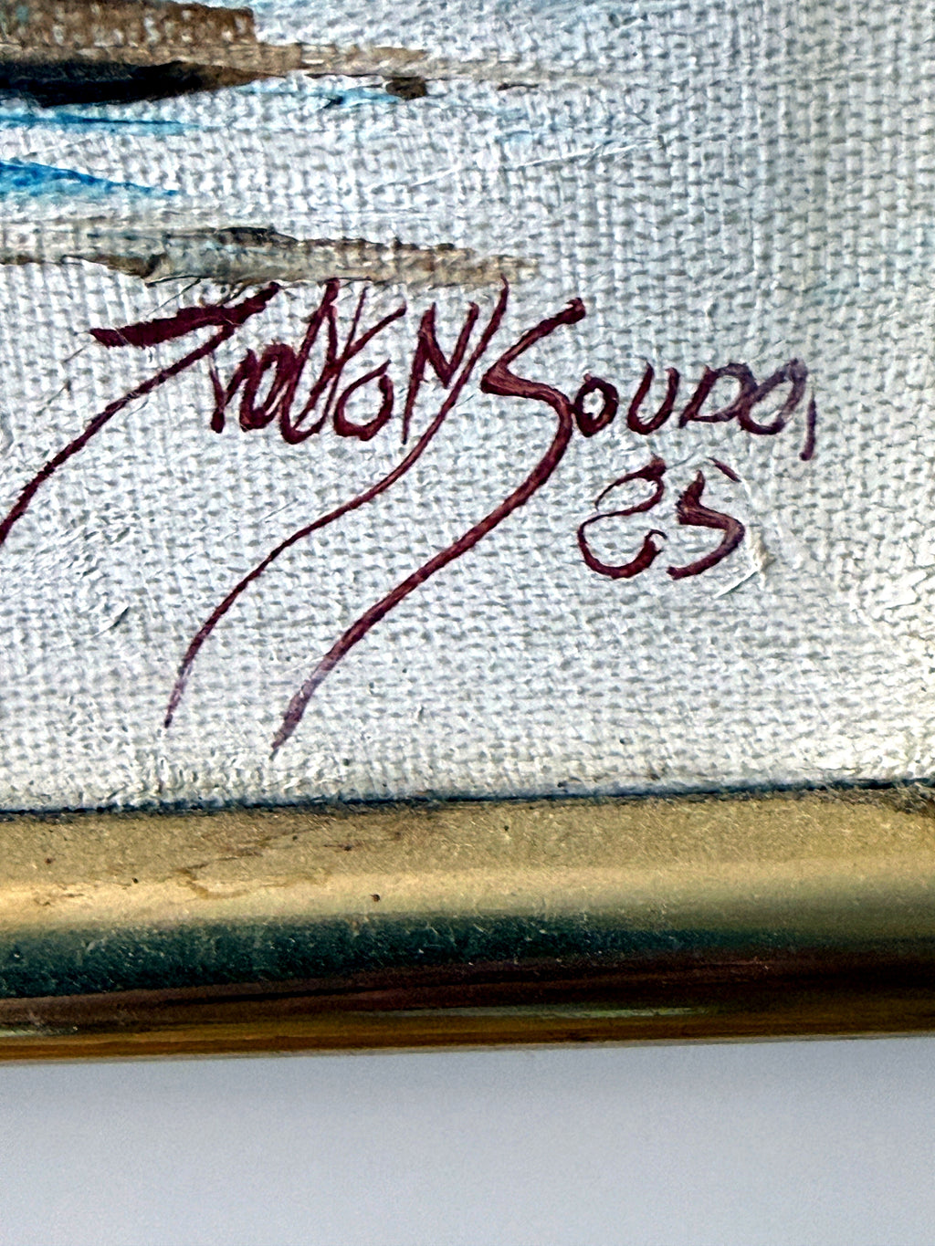 1985 signed impasto figural paintings on canvas — framed pair — close-up of the artist's signature, dated 85