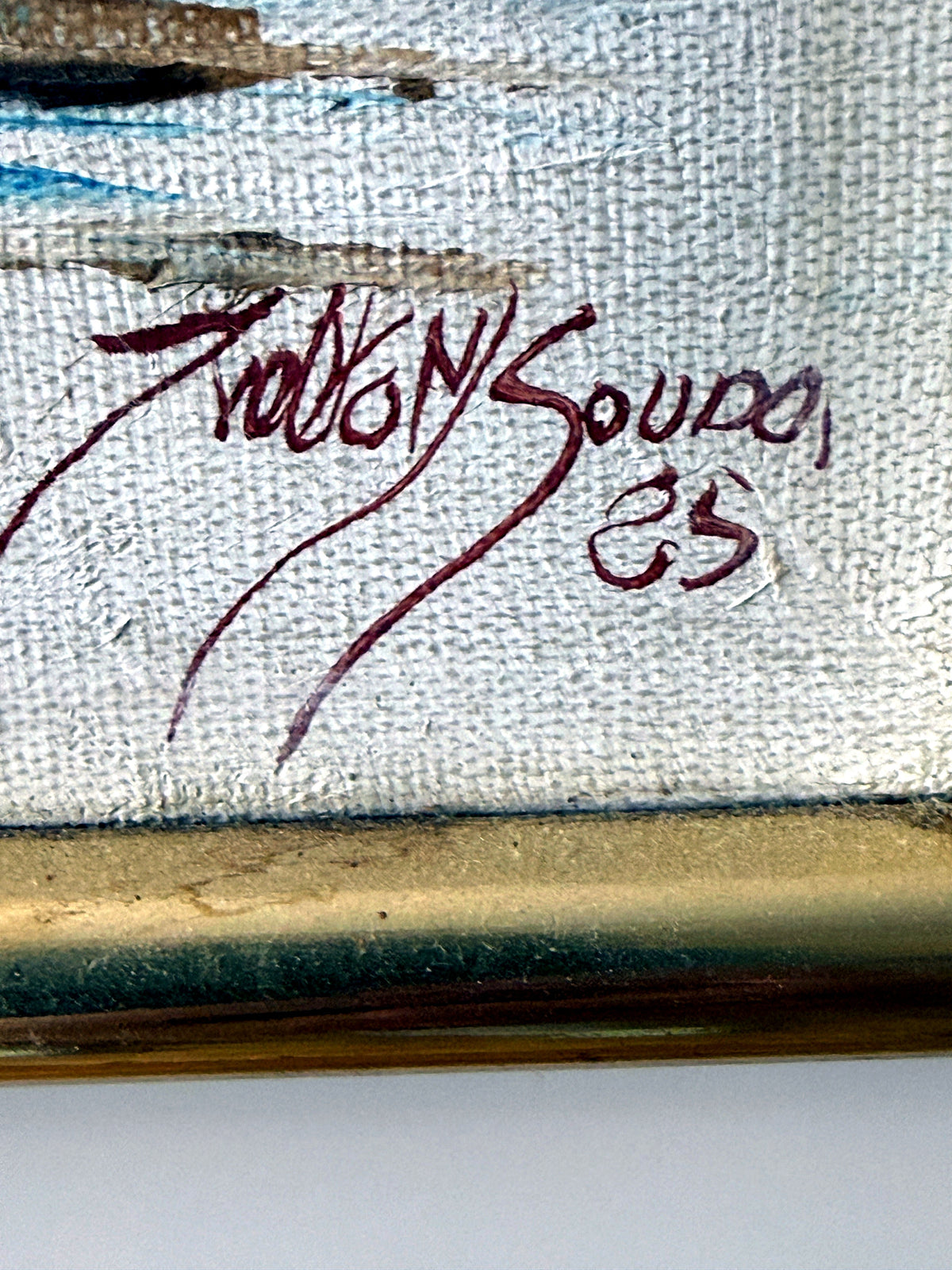 1985 signed impasto figural paintings on canvas — framed pair — close-up of the artist's signature, dated 85