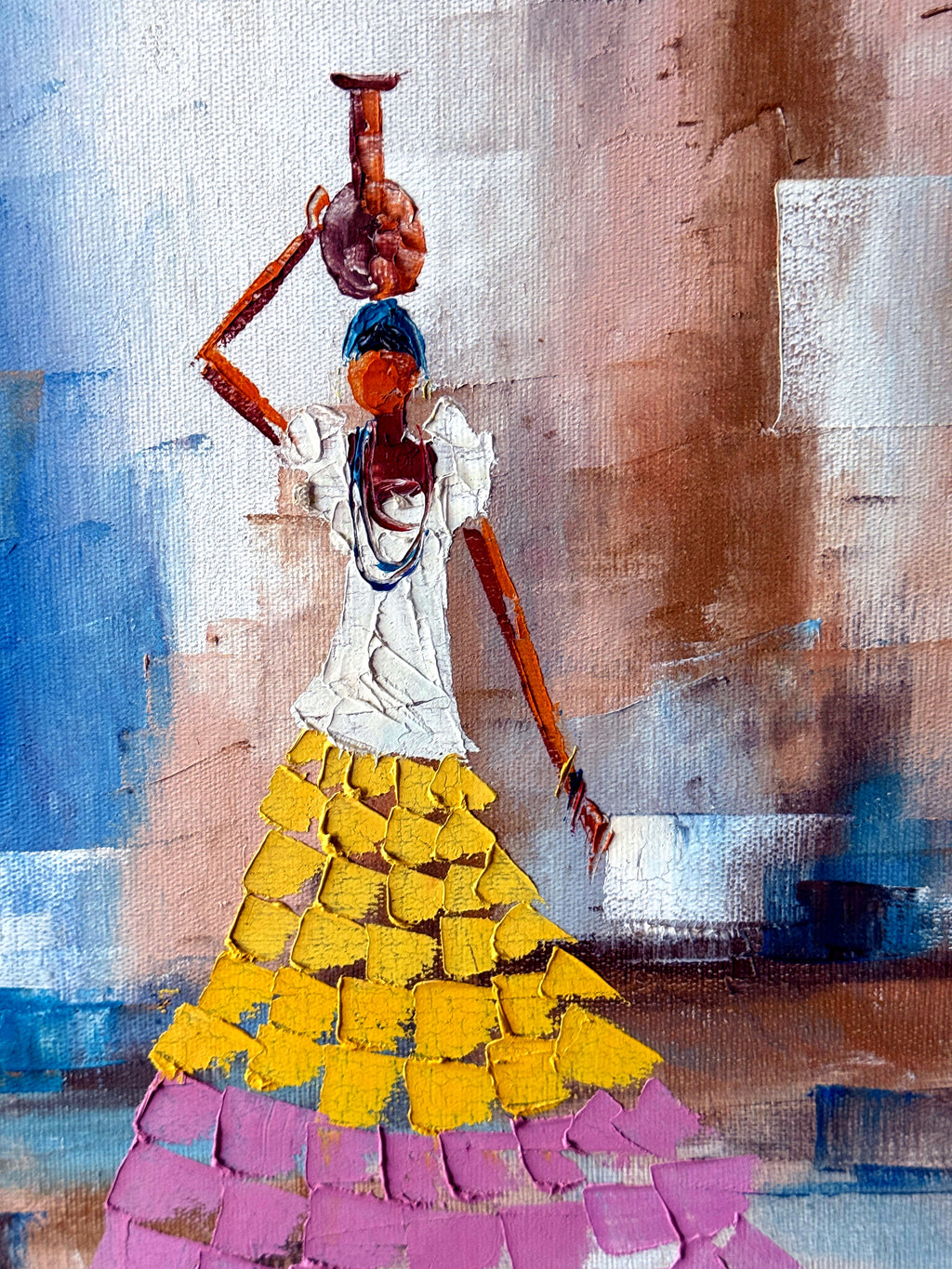 1985 signed impasto figural paintings on canvas — framed pair — close-up of the water-carrier painting — the full figure and heavy impasto