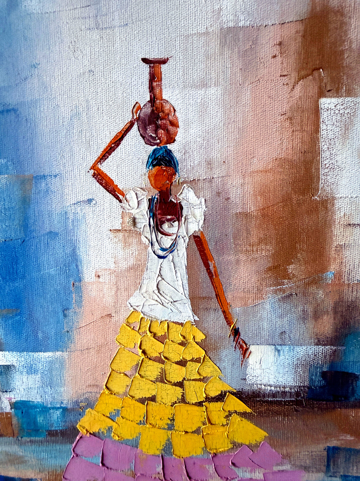 1985 signed impasto figural paintings on canvas — framed pair — close-up of the water-carrier figure